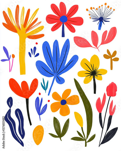 Vibrant and playful collection of flowers and foliage in a contemporary style, with cheerful colors and organic shapes. Perfect for print designs, children's stationery, wall art and projects that see