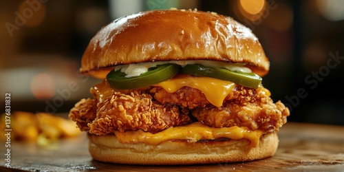 Wallpaper Mural Juicy chicken burger with melted cheese and jalapenos, garnished with sliced pickles. Torontodigital.ca