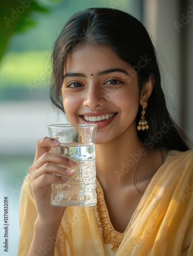 Wallpaper Mural Young female holding glass of water and smiling at camera. Torontodigital.ca