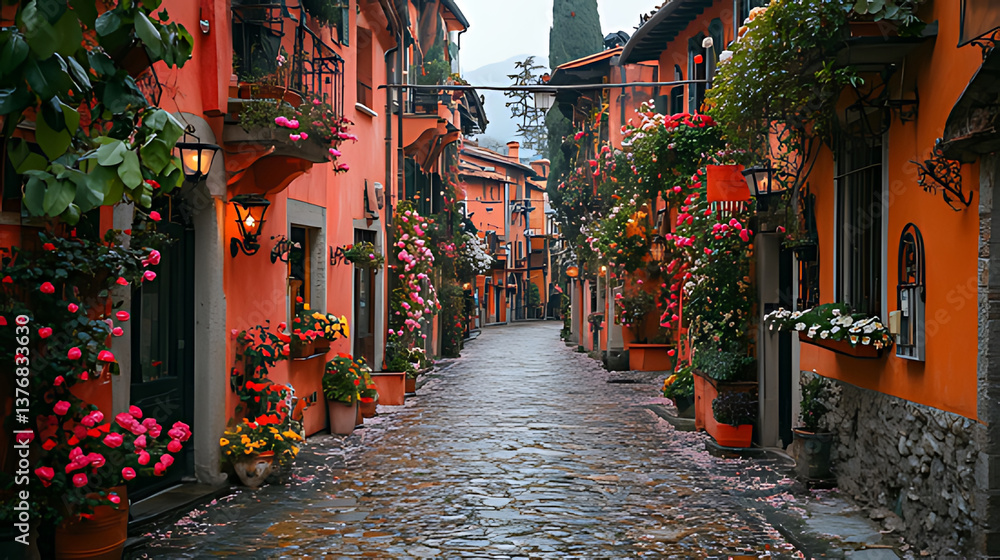 Fototapeta premium Romantic cobblestone street, floral decor, Italian village, misty day, travel brochure