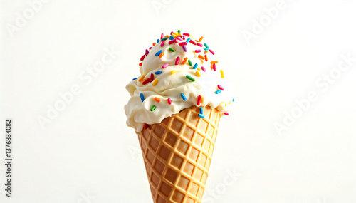 A delectable scoop of vanilla ice cream, adorned with a generous sprinkle of rainbow jimmies, sits atop a crisp waffle cone, promising a delightful summer treat.