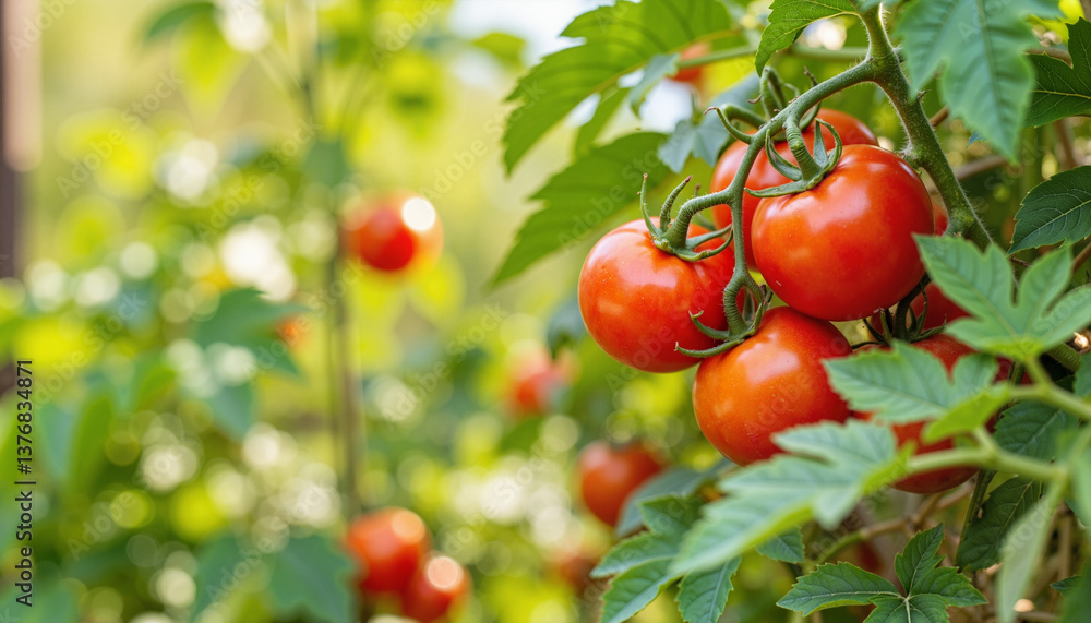 Ripe red tomatoes on lush green plant in backyard garden, abundance Ripe red tomatoes on lush green plant in backyard garden, abundance