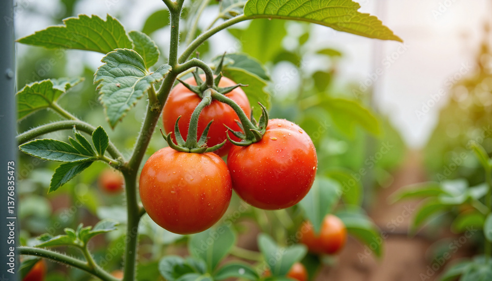 Fresh red tomatoes growing on vine in greenhouse, nature's bounty Fresh red tomatoes growing on vine in greenhouse, nature's bounty