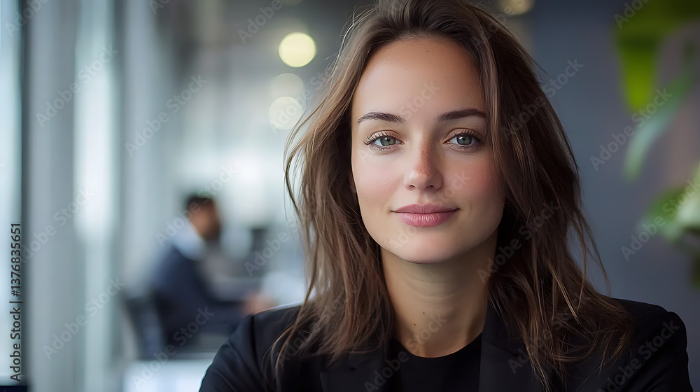 Fototapeta premium A woman with brown hair and green eyes is smiling. AI Generated