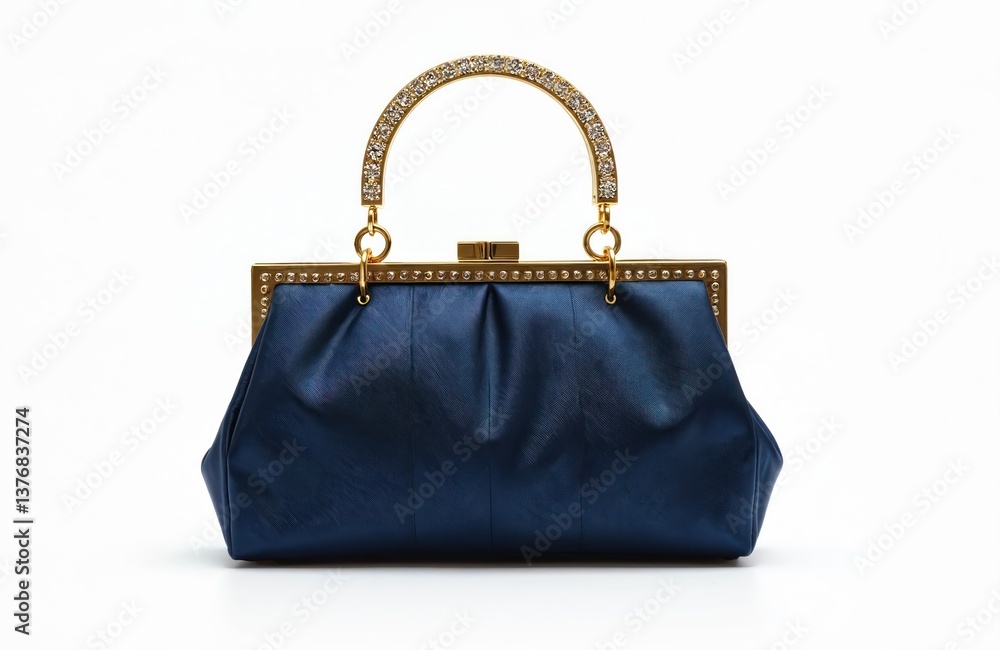 Naklejka premium Elegant blue evening clutch bag with golden details. Luxurious design with crystal handle and golden frame. Stylish fashion accessory for special events. Isolated on white.