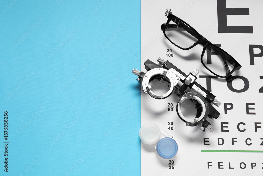 Fototapeta premium Glasses, trial frame, vision test chart and lenses on light blue background, flat lay. Space for text
