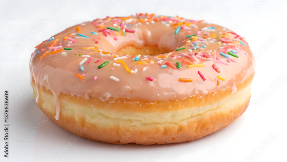 A colorful, iced donut with sprinkles, a sweet bakery snack isolated on white A colorful, iced donut with sprinkles, a sweet bakery snack isolated on white