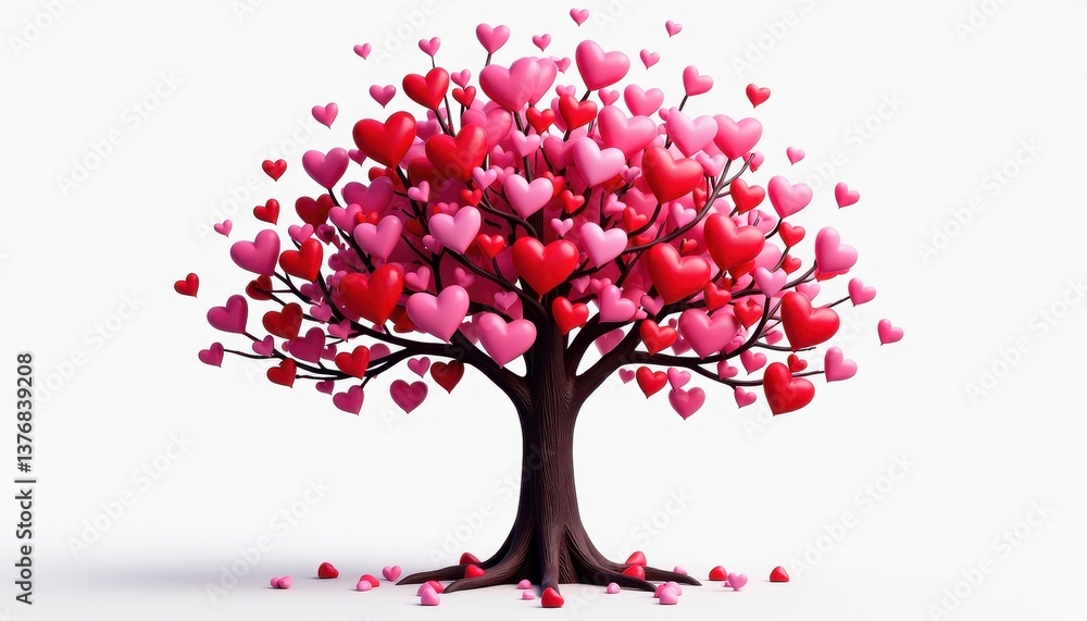 Fototapeta premium 3D Tree Decorated with HeartShaped Ornaments on White Background. A heart shaped tree with many red and pink hearts.