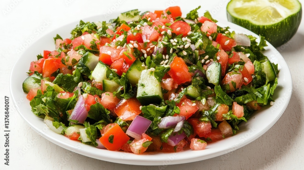 Salad of Tomato, Cucumber, and Onion with Lime Slice on White Plate and Table Salad of Tomato, Cucumber, and Onion with Lime Slice on White Plate and Table