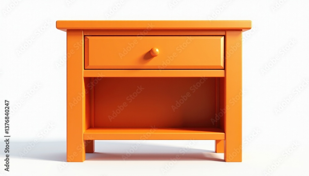 Vibrant Orange Nightstand with Drawer and Shelf on Crisp White Background. An nightstand with a single drawer and a shelf. Vibrant Orange Nightstand with Drawer and Shelf on Crisp White Background. An nightstand with a single drawer and a shelf.