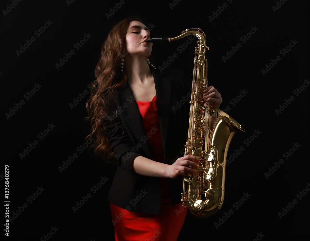 Obraz premium Professional musician playing saxophone on black background