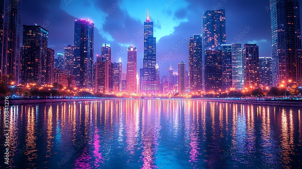Fototapeta premium Colorful Chicago buildings mirrored on calm river water high resolution picture