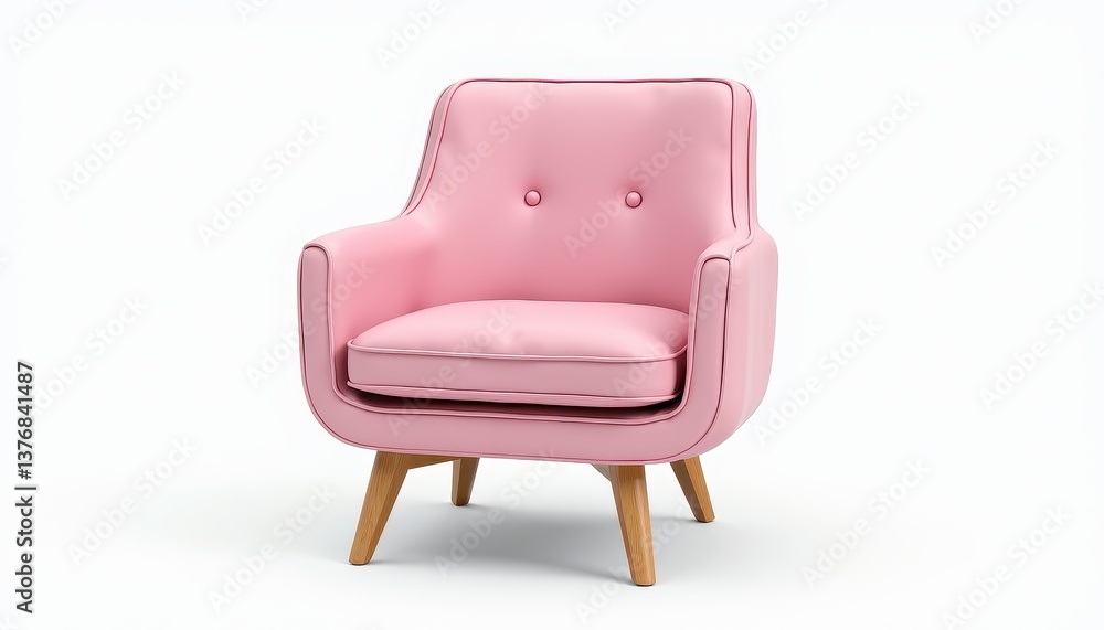 Fototapeta premium Pink Wooden Chair with Buttoned Back on White Background. A pink chair with wooden legs on a white background.