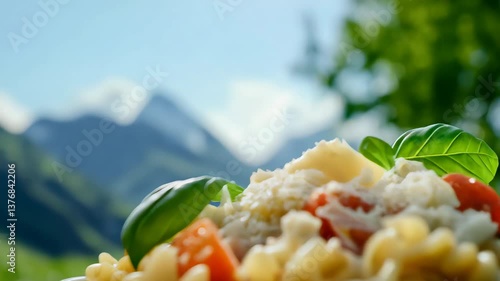 Pasta salad on a picnic blanket with mountains in the background Outdoor meal Fresh and healthy food