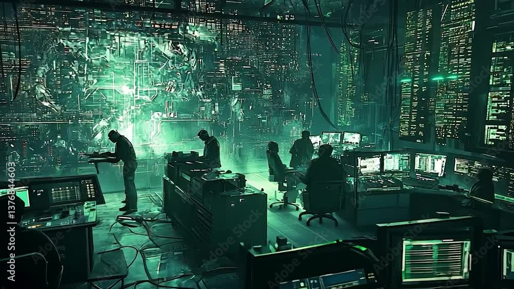 Futuristic control room with operators managing high-tech systems amidst a vibrant digital backdrop Futuristic control room with operators managing high-tech systems amidst a vibrant digital backdrop