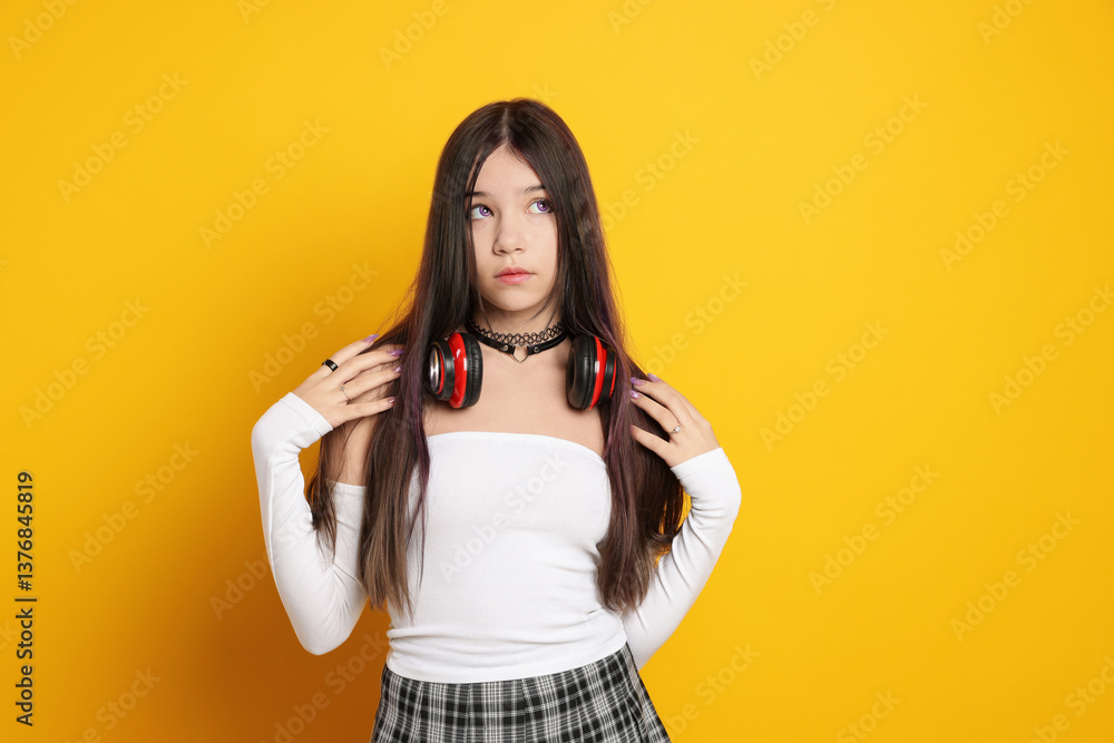 Teenage girl wearing stylish clothes and accessories on orange background. Makeup in anime style