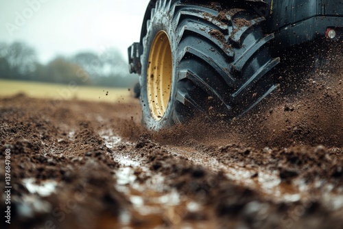 A strong tractor navigates through wet soil in a rural setting, plowing deep furrows and scattering mud as it works the field on a damp day Generative AI