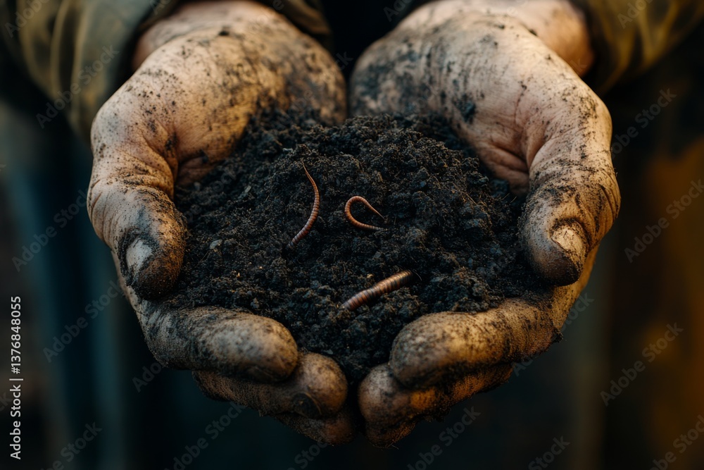 Hands coated in dirt cradle rich soil and earthworms, reflecting the hard work of gardening in a rural area during daytime Generative AI Hands coated in dirt cradle rich soil and earthworms, reflecting the hard work of gardening in a rural area during daytime Generative AI