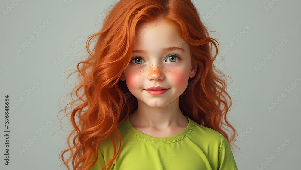 Close-up studio shot of a beautiful young girl with vibrant red curly hair, green eyes, and freckles, smiling gently. Close-up studio shot of a beautiful young girl with vibrant red curly hair, green eyes, and freckles, smiling gently.