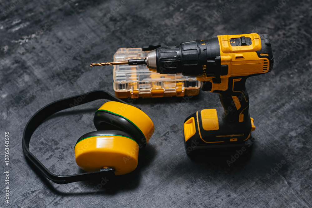 Fototapeta premium Yellow cordless drill drill with ear protection and bits on dark surface. Powerful tool for construction and DIY projects.