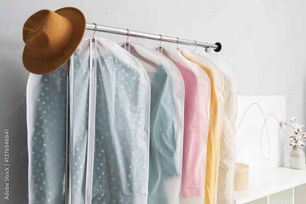 Garment covers with clothes and hat on rack near grey wall indoors