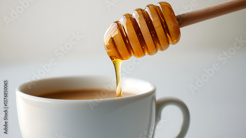A spoonful of honey is poured into a white cup. AI Generated