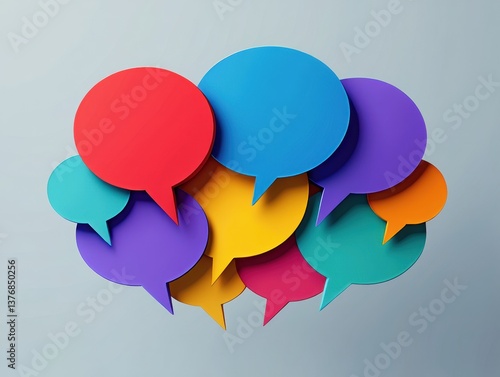 Colorful speech bubbles illustrate linguistic diversity. Many colorful speech bubbles overlap. Represent global communication. Conversation, dialogue between different cultures. Image shows