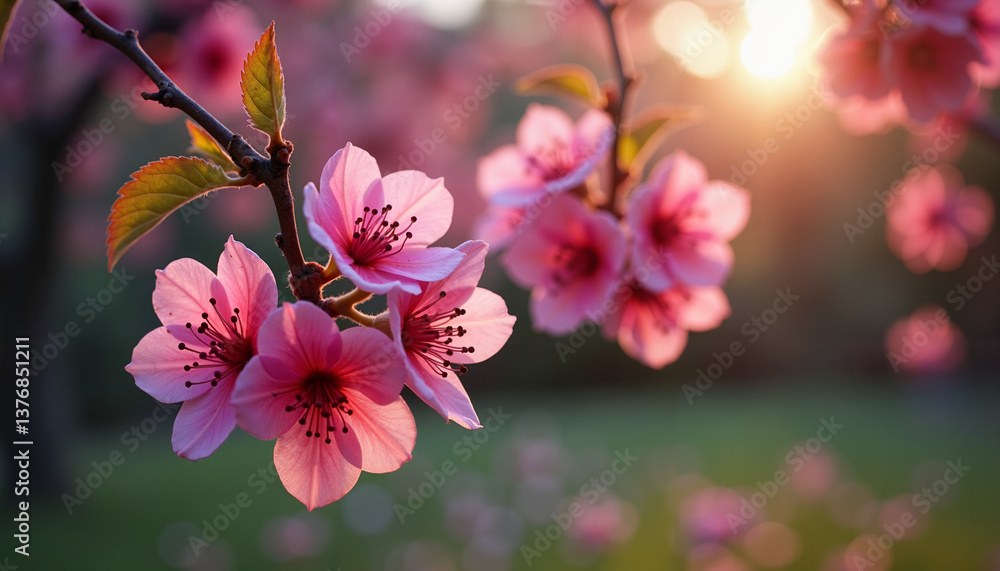 Obraz premium Beautiful Cherry Blossoms Blooming Against a Glowing Sunset, Trees Blooming Timelapse