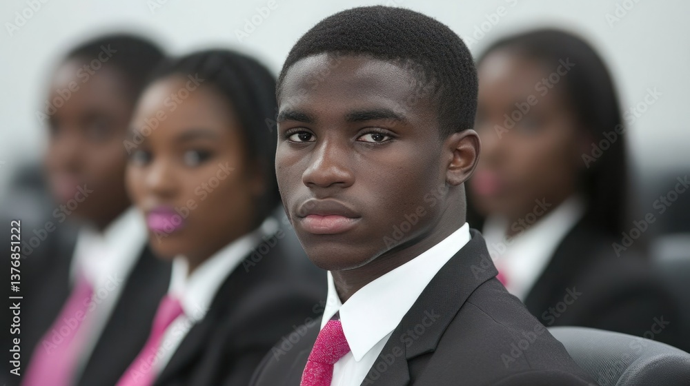 Focused Young Man in Business Attire Surrounded by Peers in Professional Setting, Expressing Determination and Confidence in Corporate Environment Focused Young Man in Business Attire Surrounded by Peers in Professional Setting, Expressing Determination and Confidence in Corporate Environment