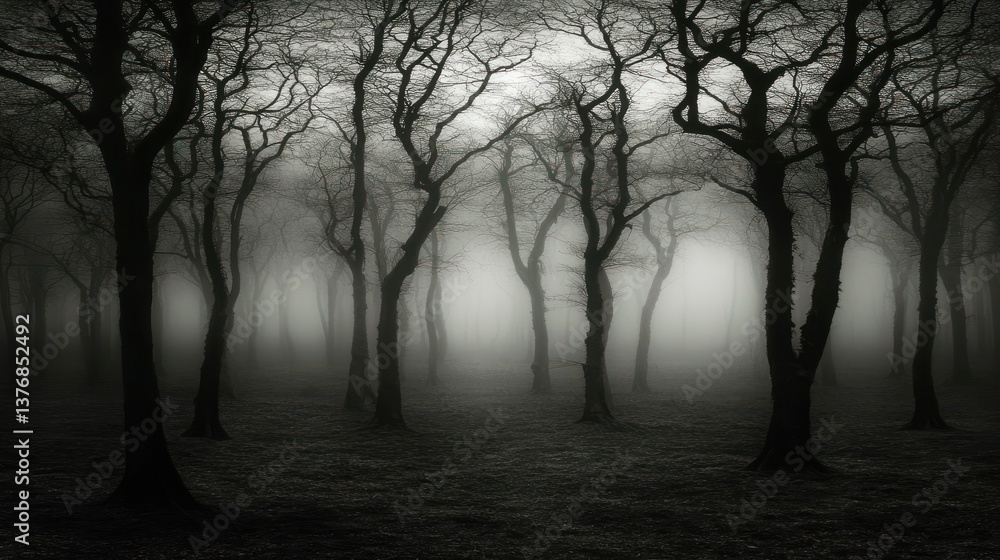 Eerie Forest Scene with Bare Trees and Foggy Atmosphere Mysterious Woods Dark Silhouettes Na Eerie Forest Scene with Bare Trees and Foggy Atmosphere Mysterious Woods Dark Silhouettes Na