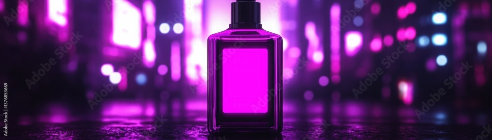 Elegant pink perfume bottle with a glowing effect, set against a neon-lit backdrop of a vibrant city street at night, creating a captivating atmosphere Elegant pink perfume bottle with a glowing effect, set against a neon-lit backdrop of a vibrant city street at night, creating a captivating atmosphere