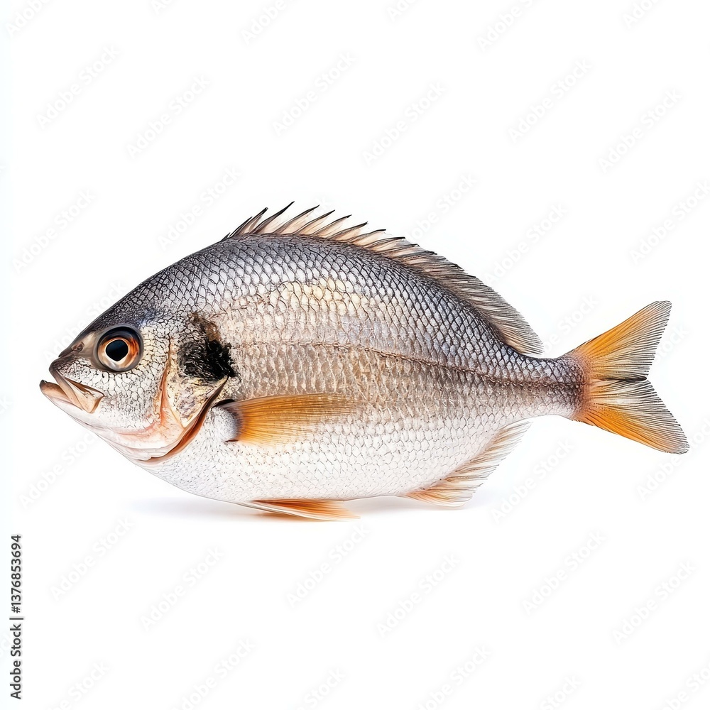 Fresh giilt head bream on a clean white background, showcasing its sleek body and vibrant colors. Fresh giilt head bream on a clean white background, showcasing its sleek body and vibrant colors.