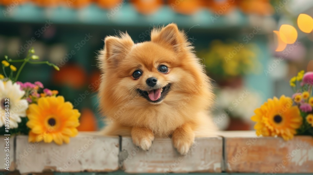 Fototapeta premium Adorable Pomeranian Spitz pup in an ecofriendly store among autumn decor ideal for Halloween and Thanksgiving.