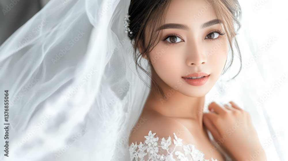 A stunning bridal portrait featuring a lace wedding dress, veil, and a soft, clean backdrop for an elegant look. A stunning bridal portrait featuring a lace wedding dress, veil, and a soft, clean backdrop for an elegant look.