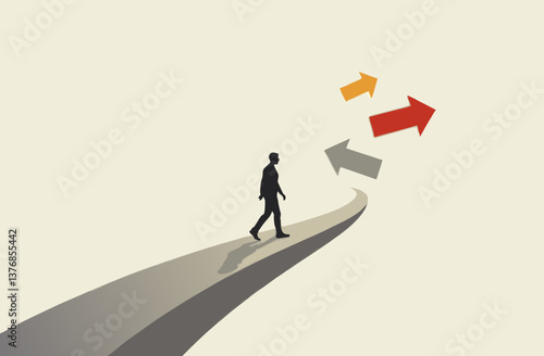 Person contemplating choices on a winding path with arrows  