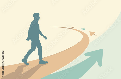 Person walking toward success on a winding path with arrows  