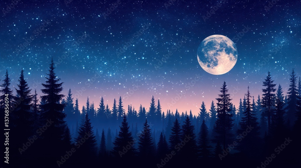 Fototapeta premium Night forest, full moon, starry sky, peaceful scene, nature wallpaper