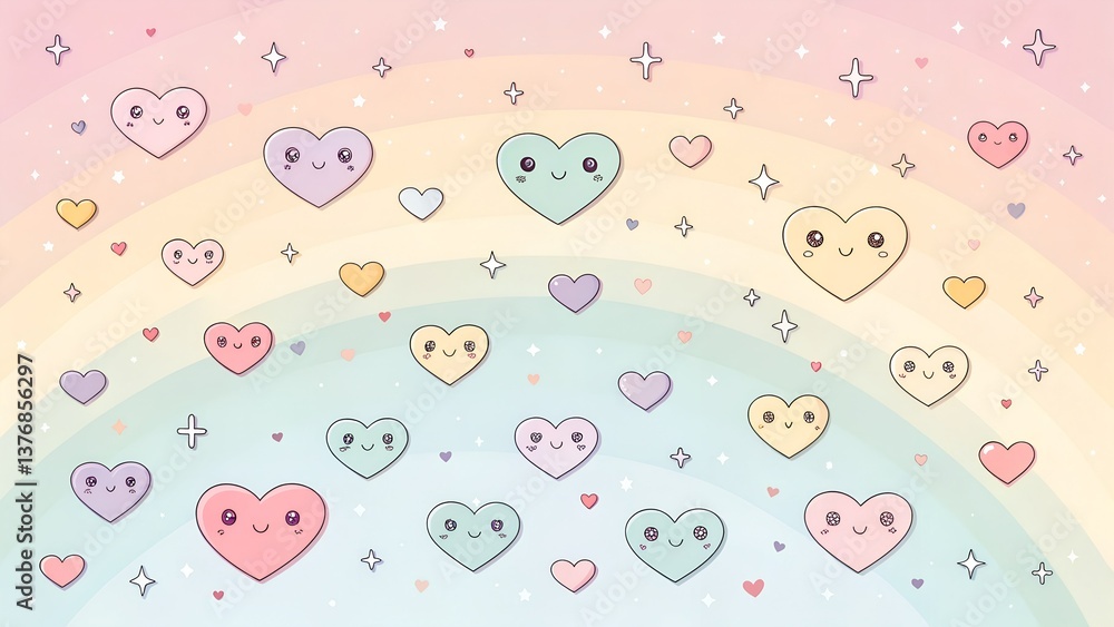 A whimsical array of pastel-colored hearts with cute faces and sparkling stars on a rainbow background. A whimsical array of pastel-colored hearts with cute faces and sparkling stars on a rainbow background.