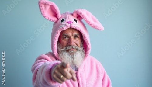 A cheerful elderly man wearing a pink bunny costume with ears, pointing forward while smiling. The playful pose and colorful outfit convey joy, humor, and delight. Captured in a vibrant studio setting