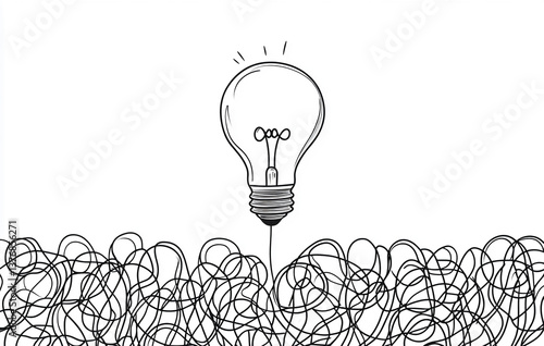 Creative spark emerging from chaotic thoughts in a minimalist black and white design