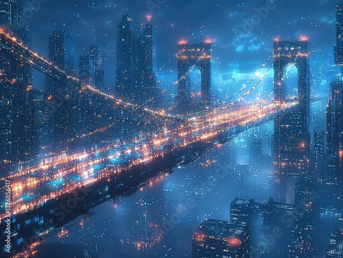 Futuristic cityscape background, bridge, blue night scene, gold city, finance, shinning effect, globalize