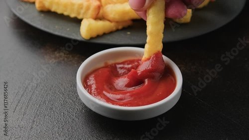 Dipping Homemade Crinkle Cut French Fries in a ketchup