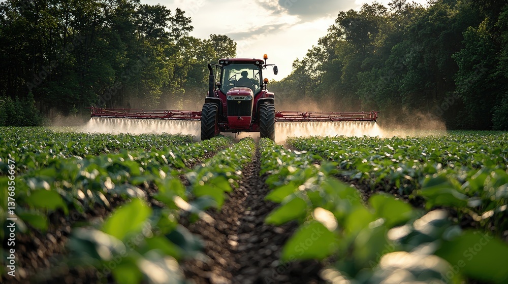 Fototapeta premium Tractor spraying soybean field at spring landscape nature