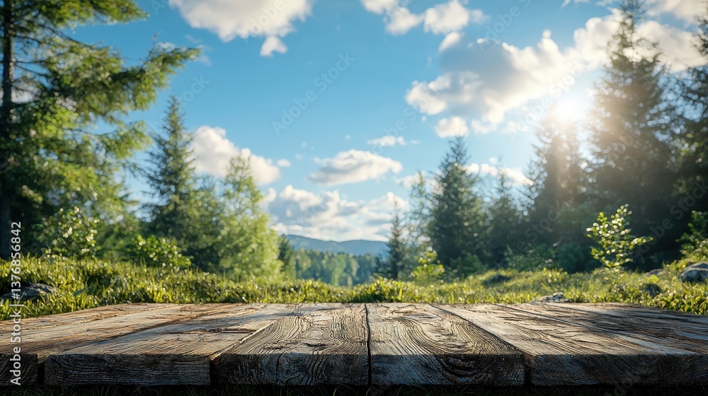 Table background of free space for your decoration and calm forest and blue sky background Table background of free space for your decoration and calm forest and blue sky background