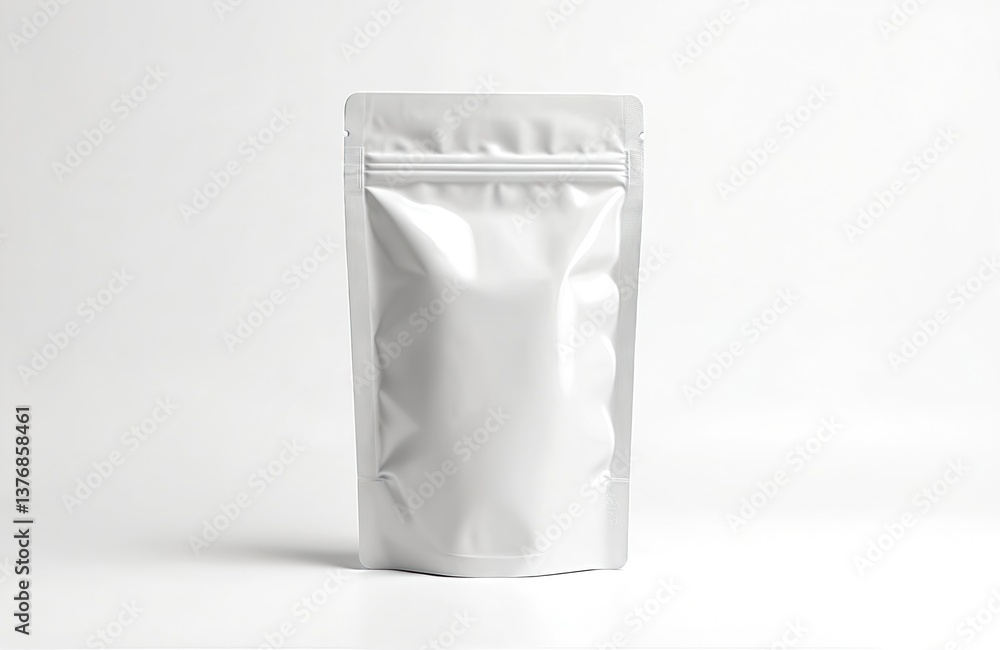 White stand up pouch mockup isolated on white background. Blank food packaging design with zip lock. Empty food bag template, for product branding and display. White stand up pouch mockup isolated on white background. Blank food packaging design with zip lock. Empty food bag template, for product branding and display.