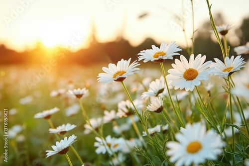 White daisies blooming in a sunny field during sunset  