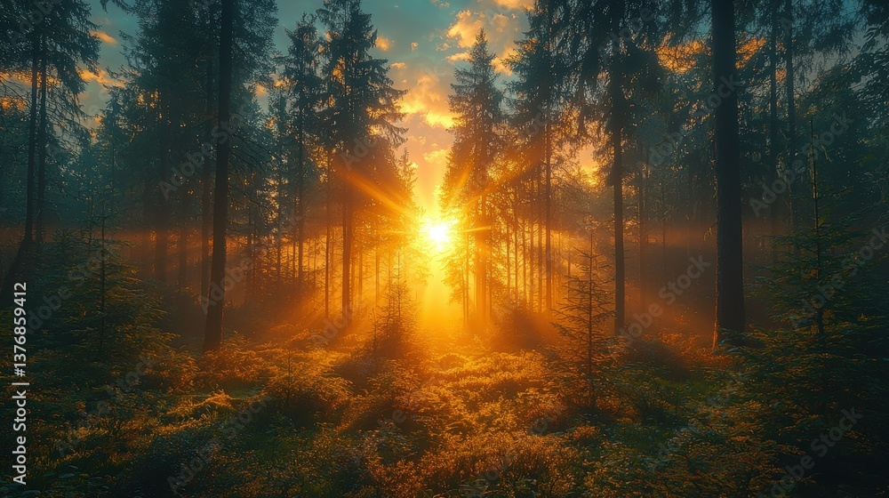 Naklejka premium Observing the sun peeking through the trees in a forest is a serene experience