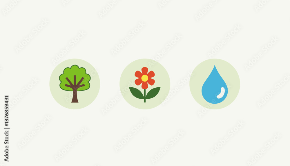 Nature icons representing tree, flower, and water in simple style Nature icons representing tree, flower, and water in simple style