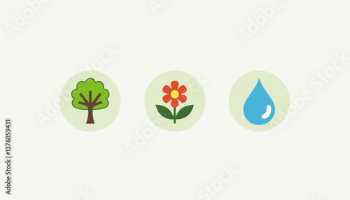 Nature icons representing tree, flower, and water in simple style  