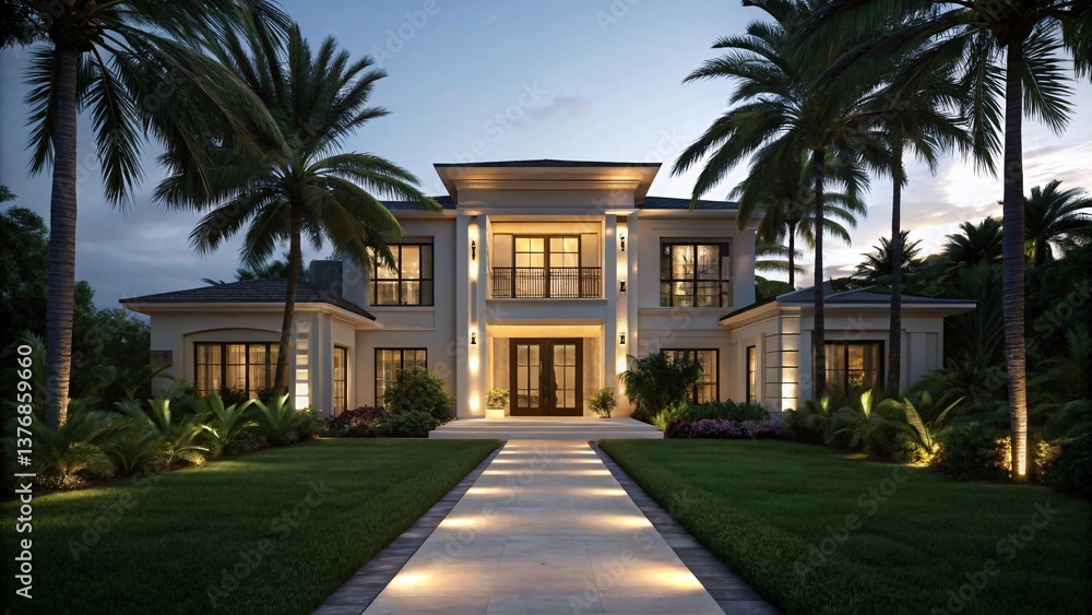 Modern luxury mansion at dusk with palm trees and lawn. Exterior of a modern villa. Created with Ai Modern luxury mansion at dusk with palm trees and lawn. Exterior of a modern villa. Created with Ai